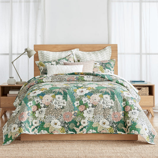 Bettina Floral Quilt Bundle: Quilt Set + 2 Bettina Euro Shams + Mills Waffle Square Pillow