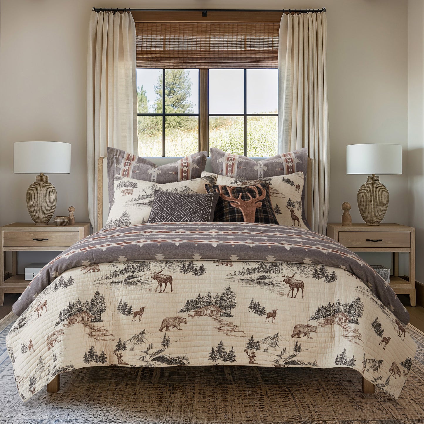 Lodge Toile and Corrales Christmas Bundle: Lodge Toile Quilt Set + Corrales Duvet/Comforter Set + Euro Sham Set of 2 + Embroidered Pillow