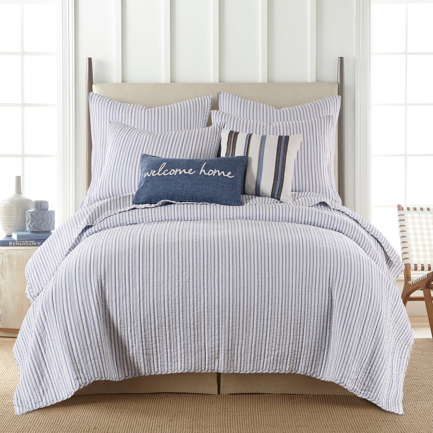 Tobago Stripe Blue Quilt Bundle: Quilt Set + Euro Sham Set of 2 + Stripe Pillow + Welcome Pillow + Quilted Throw